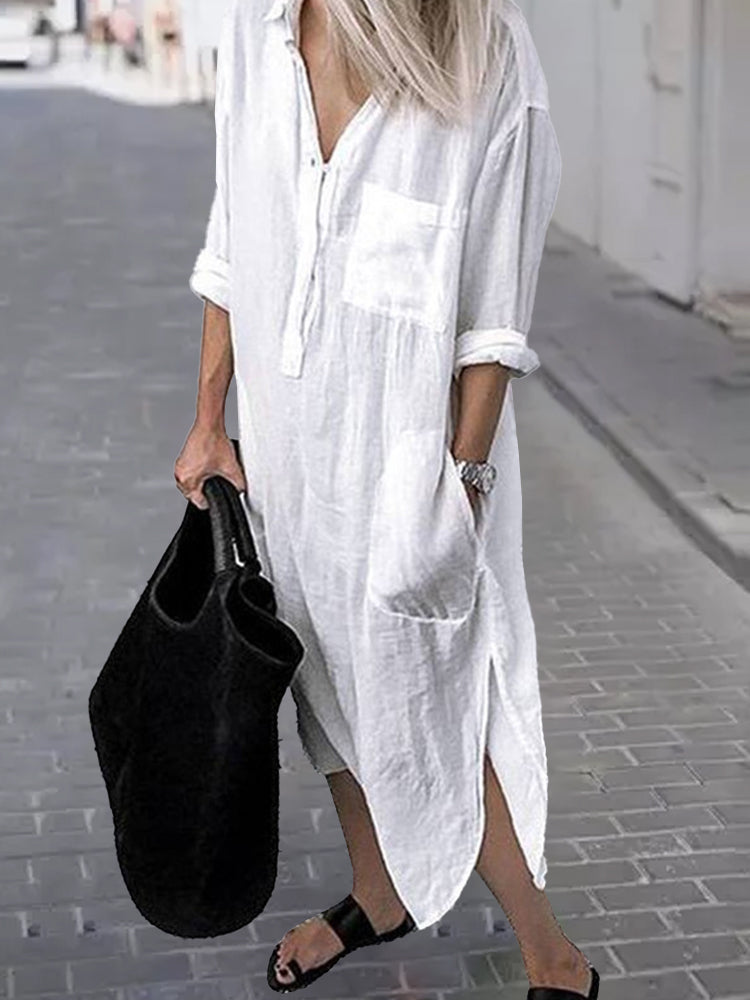 Hotouch Linen Style Solid Shirt Dress