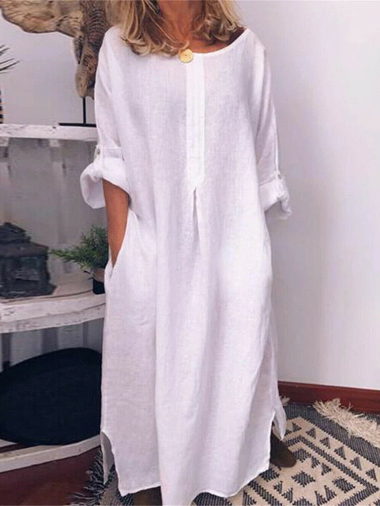 Hotouch Solid Loose Linen Long Shirt Dress