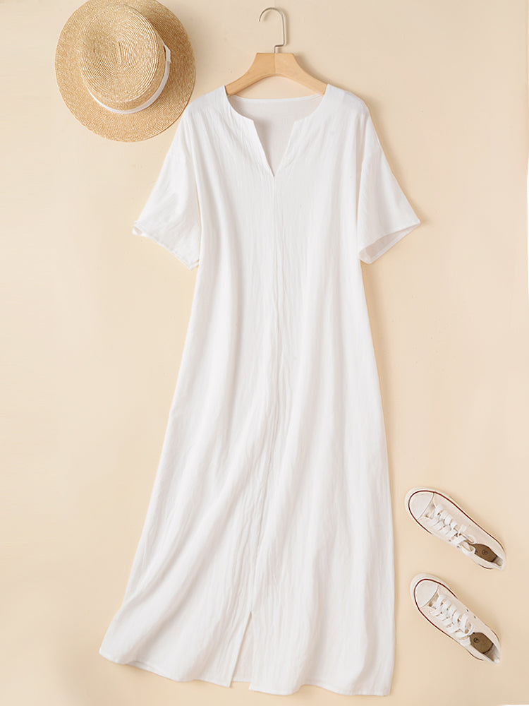 Hotouch Solid Casual Long Cotton Dress
