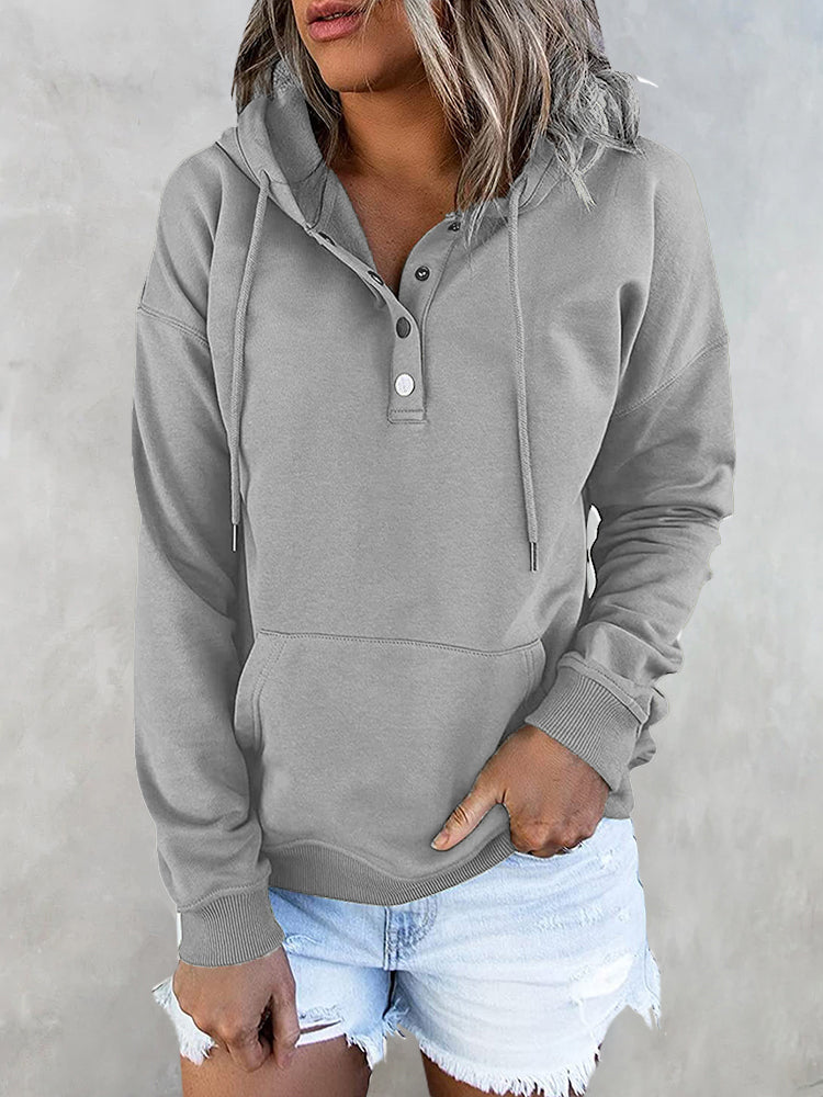 Hotouch Solid Button Front Hoodie with Pocket