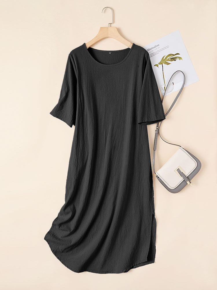 Hotouch Linen Style Casual Round Neck Dress